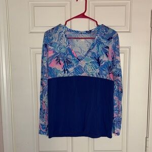 Lilly Pulitzer Finn V-Neck Saltwater Blue Long Sleeve Top Size XS